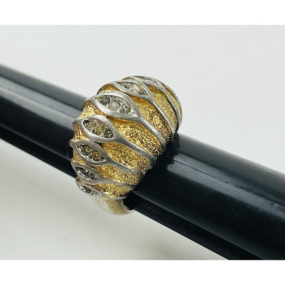 Vintage Panetta Rhinestone Ring Dome Cocktail 1960 Gold Silver tone Stripe diamo
